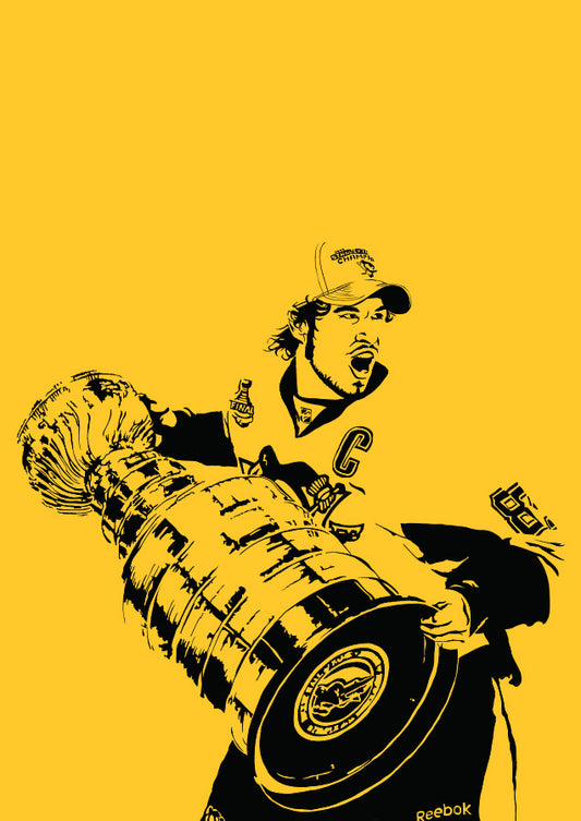 minimalist digital illustration of pittsburgh penguins captain sidney crosby holding the stanley cup while wearing his penguins jersey and a baseball cap, lineart is black with a gold background