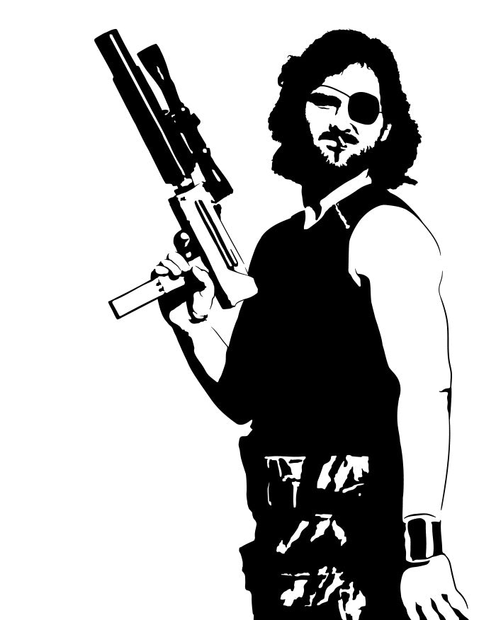 digital minimalist stencil illustration of snake plissken played by kurt russell holding a silenced uzi submachine gun, smoking a cigarette, and wearing an eyepatch