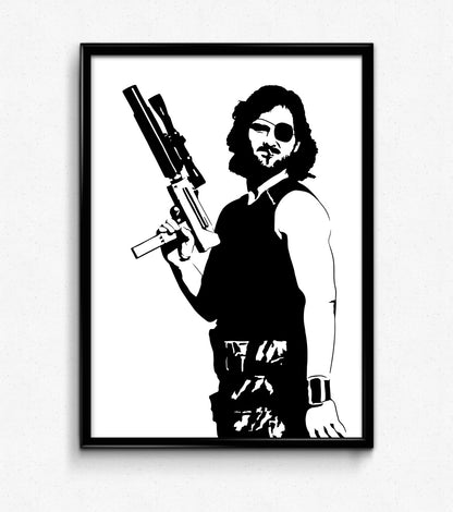 digital minimalist stencil illustration of snake plissken played by kurt russell holding a silenced uzi submachine gun, smoking a cigarette, and wearing an eyepatch, framed art print