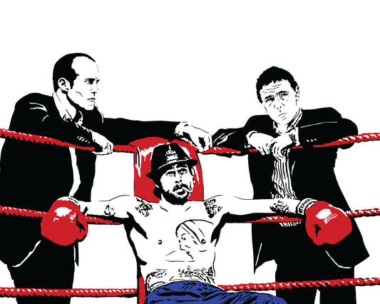 digital minimalist stencil illustration of jason statham, brad pitt and stephen graham in the boxing scene of the film snatch 