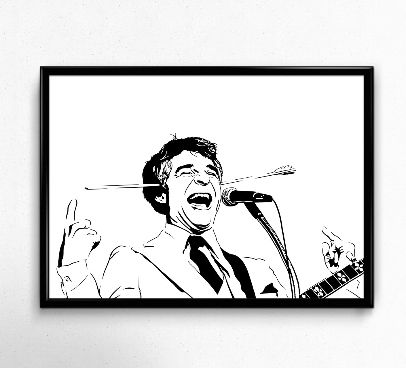 digital minimalist stencil illustration of comedian steve martin with a fake arrow through his head laughing into a microphone, framed art print