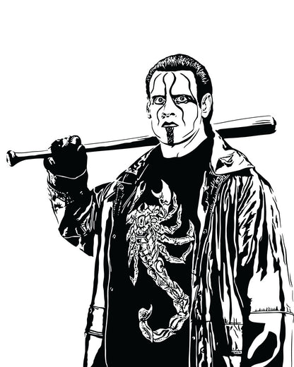 digital minimalist stencil illustration of professional wrestler sting wearing his crow makeup, a leather duster, a tshirt with a scorpion, and holding a black baseball bat