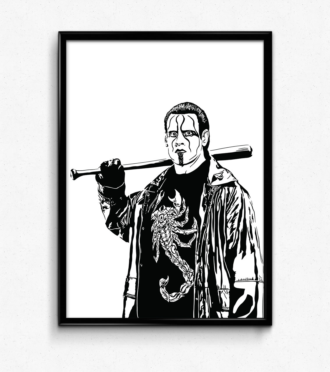 digital minimalist stencil illustration of professional wrestler sting wearing his crow makeup, a leather duster, a tshirt with a scorpion, and holding a black baseball bat, framed art print