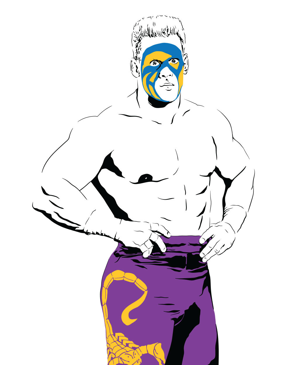 digital minimalist stencil illustration of professional wrestler surfer sting with spiked hair, facepaint, and wrestling attire with a scorpion on it