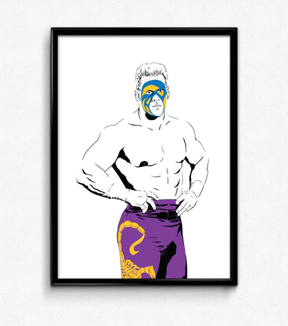 digital minimalist stencil illustration of professional wrestler surfer sting with spiked hair, facepaint, and wrestling attire with a scorpion on it, framed art print