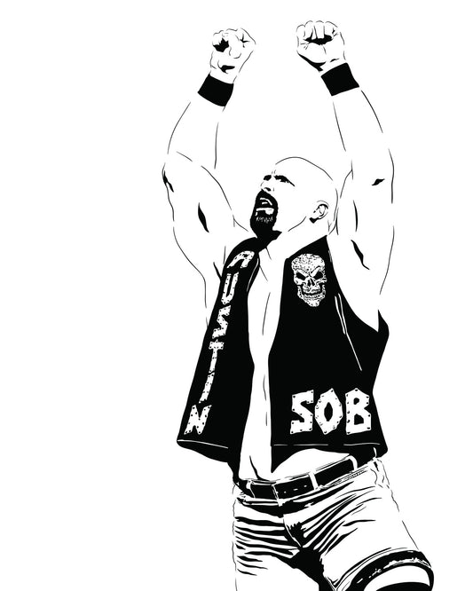 digital minimalist stencil illustration of professional wrestler stone cold steve austin with his hands raised in the air