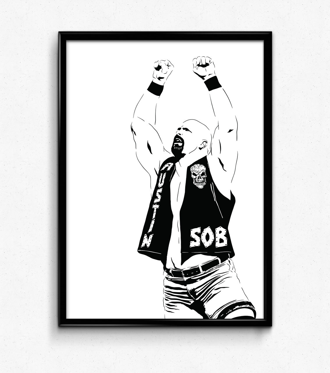 digital minimalist stencil illustration of professional wrestler stone cold steve austin with his hands raised in the air, framed art print