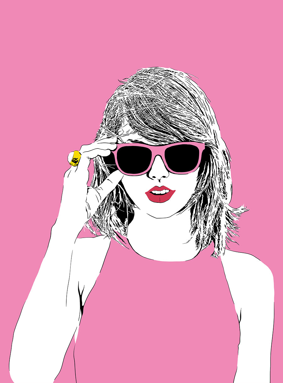 digital minimalist stencil illustration of songwriter taylor swift wearing pink sunglasses and a pink dress