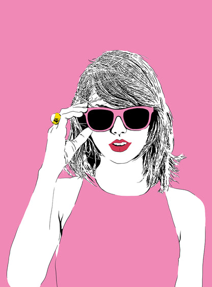 digital minimalist stencil illustration of songwriter taylor swift wearing pink sunglasses and a pink dress