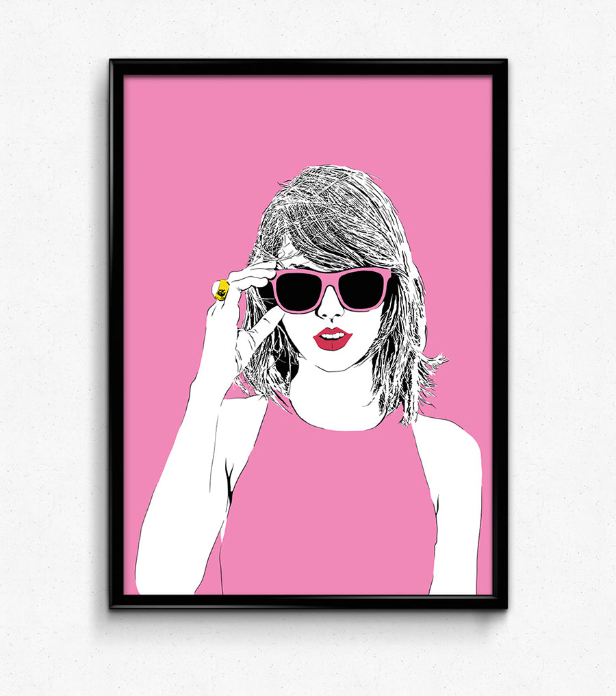 digital minimalist stencil illustration of songwriter taylor swift wearing pink sunglasses and a pink dress, framed art print