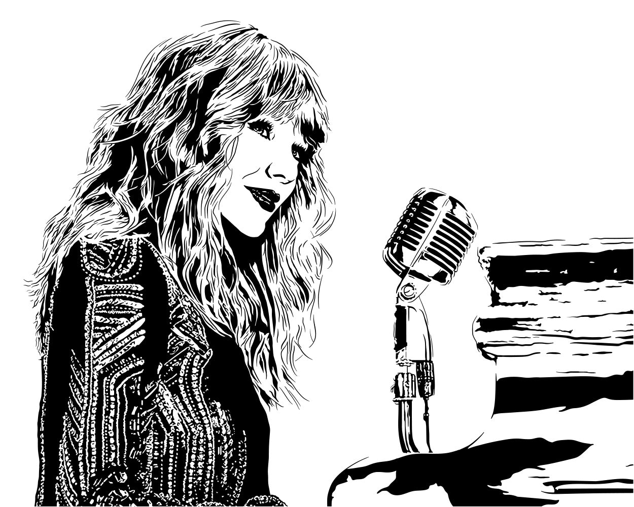 digital minimalist stencil illustration of singer songwriter taylor swift in concert at the piano singing into microphone