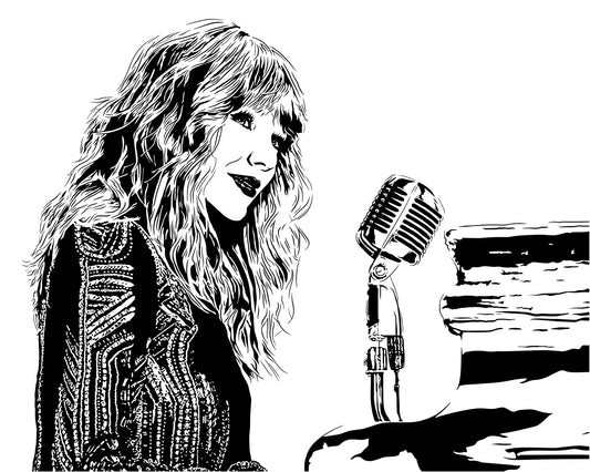 digital minimalist stencil illustration of singer songwriter taylor swift in concert at the piano singing into microphone