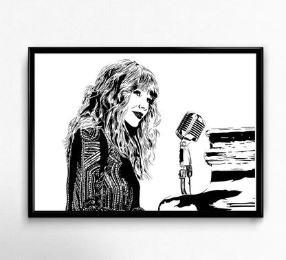 digital minimalist stencil illustration of singer songwriter taylor swift in concert at the piano singing into microphone, framed art print