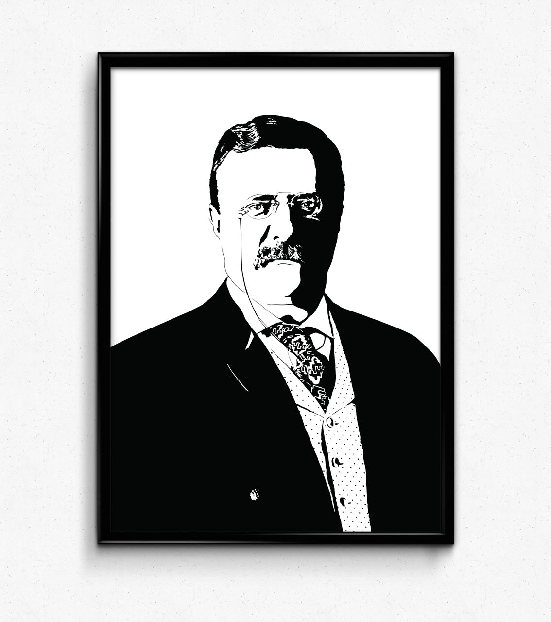 digital minimalist stencil illustration of american president theodore roosevelt aka teddy of the bull moose party, in portrait, framed art print