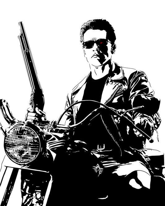 digital minimalist stencil illustration of arnold schwarzeneggar from terminator 2: judgement day riding a harley-davidson motorcycle holding a shotgun with a red glowing eye