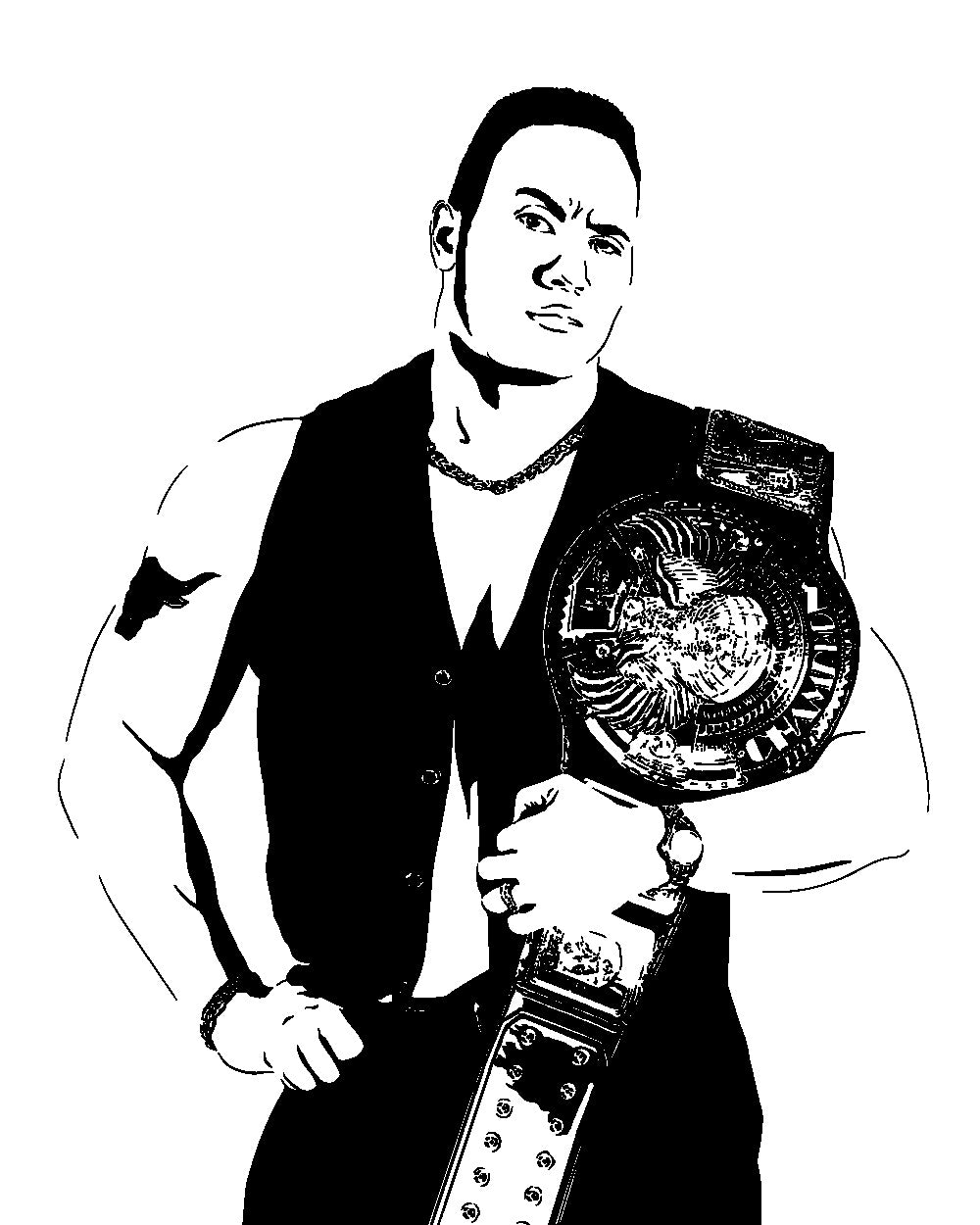 digital minimalist stencil illustration of professional wrestler dwayne the rock johnson holding the WWE championship belt