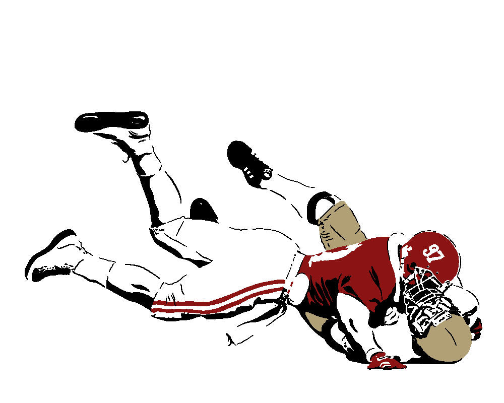 digital minimalist stencil illustration of alabama crimson tide lineback cornelius bennett sacking notre dame quarterback steve Beuerlein during "the sack"