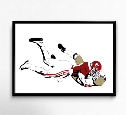 digital minimalist stencil illustration of alabama crimson tide lineback cornelius bennett sacking notre dame quarterback steve Beuerlein during "the sack", framed art print