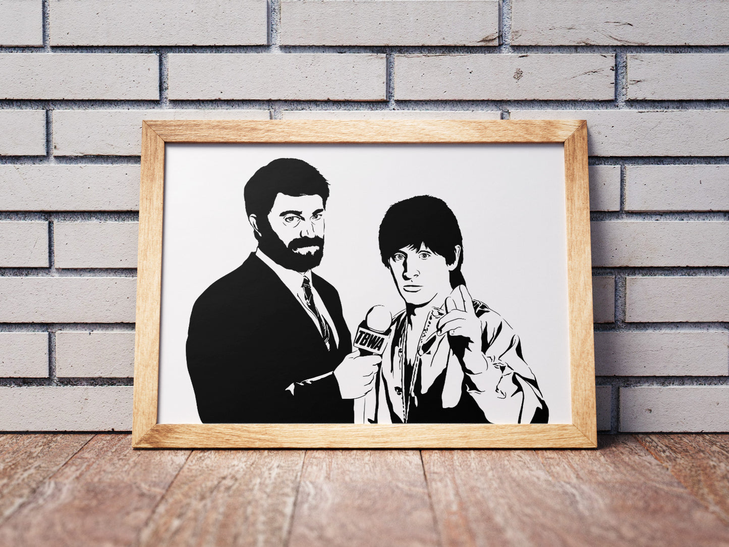 black and white illustration of tim robinson as the worst wrestler in the world fighting jake fletcher art print framed