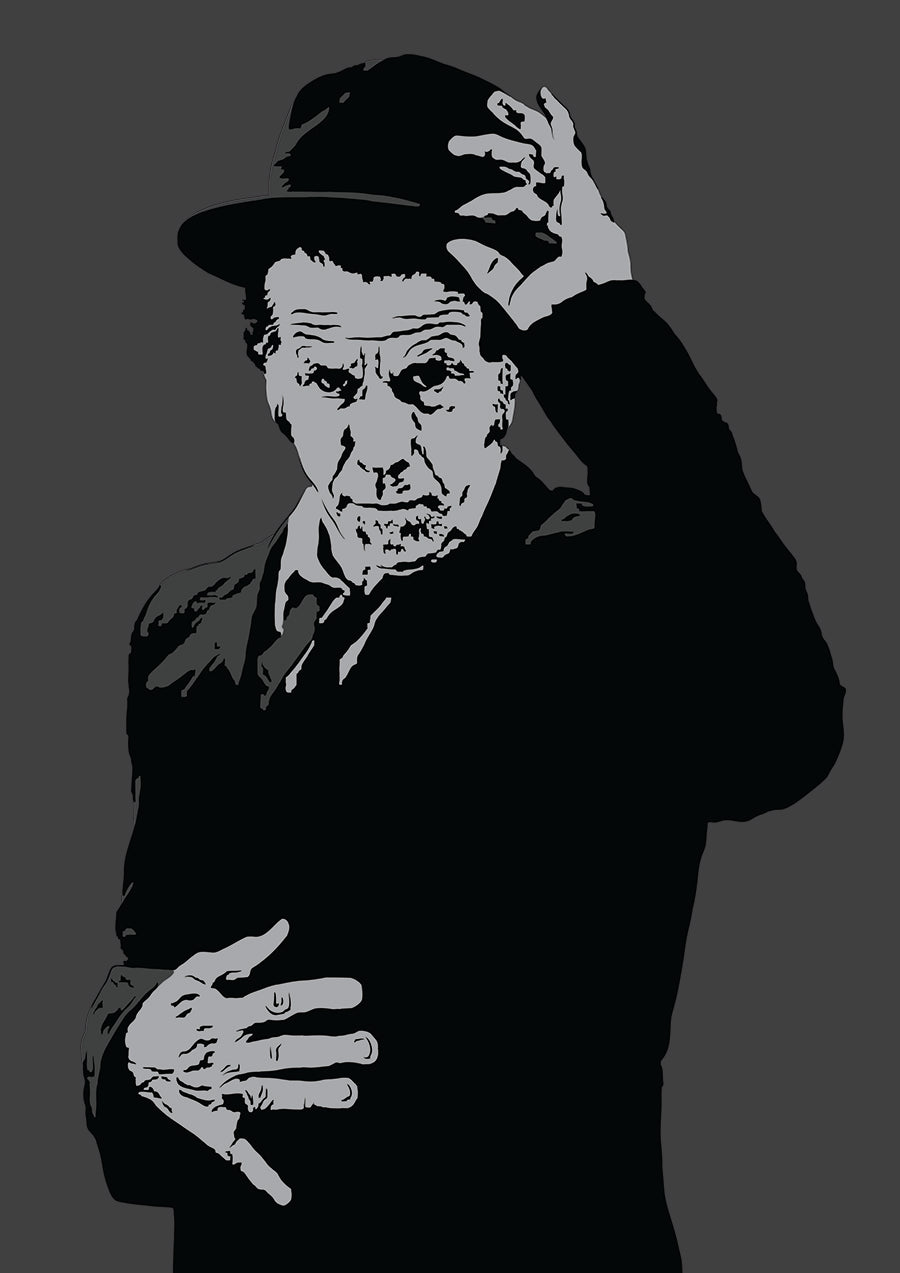 digital minimalist stencil illustration of folk musician tom waits wearing a suit and fedora