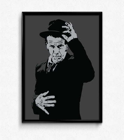 digital minimalist stencil illustration of folk musician tom waits wearing a suit and fedora, framed art print