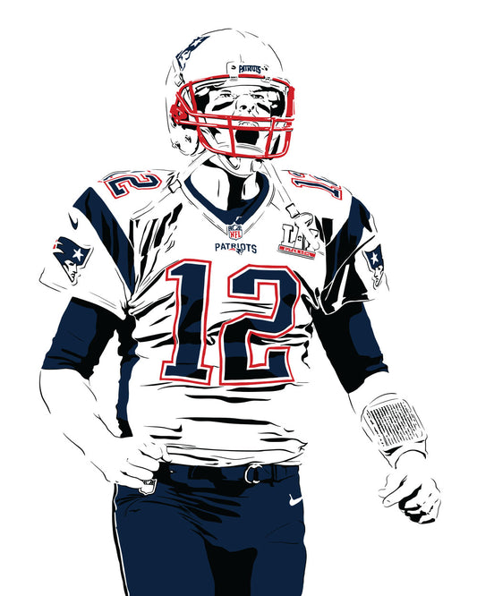 digital minimalist stencil illustration of new england patriots quarterback and GOAT tom brady cheering and shouting after a touchdown pass