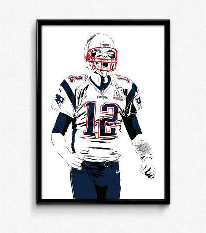 digital minimalist stencil illustration of new england patriots quarterback and GOAT tom brady cheering and shouting after a touchdown pass, framed art print