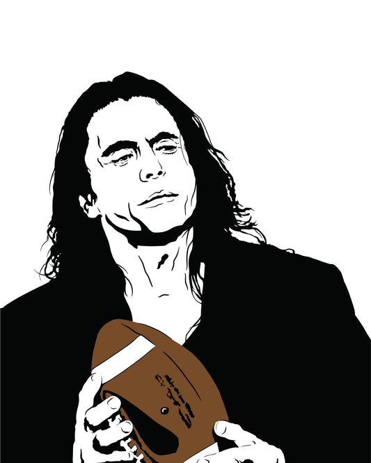 digital minimalist stencil illustration of tommy wiseau holding a football from the cult classic b-movie the room