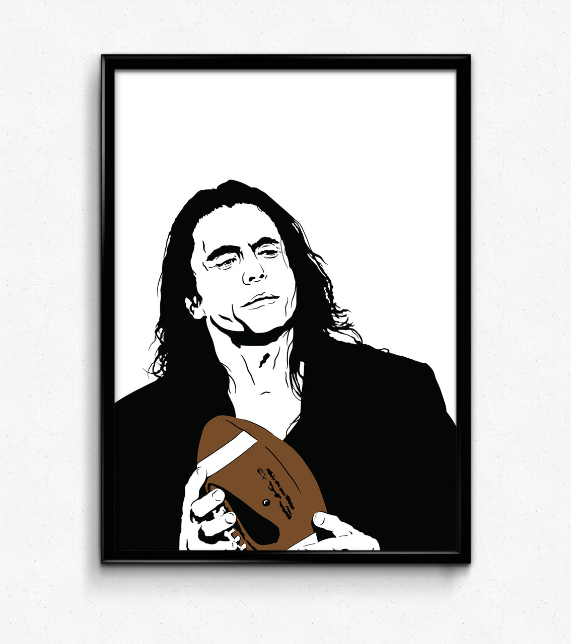 digital minimalist stencil illustration of tommy wiseau holding a football from the cult classic b-movie the room, framed art print