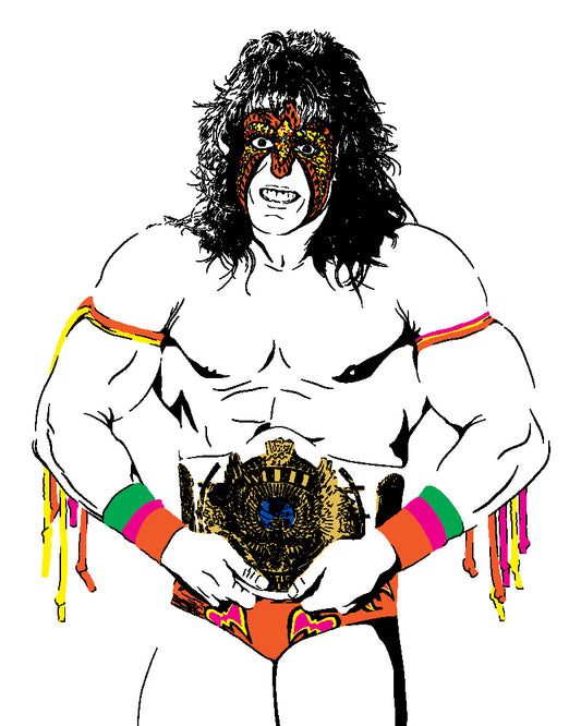 digital minimalist stencil illustration of professional wrestler the ultimate warrior with the WWF championship belt