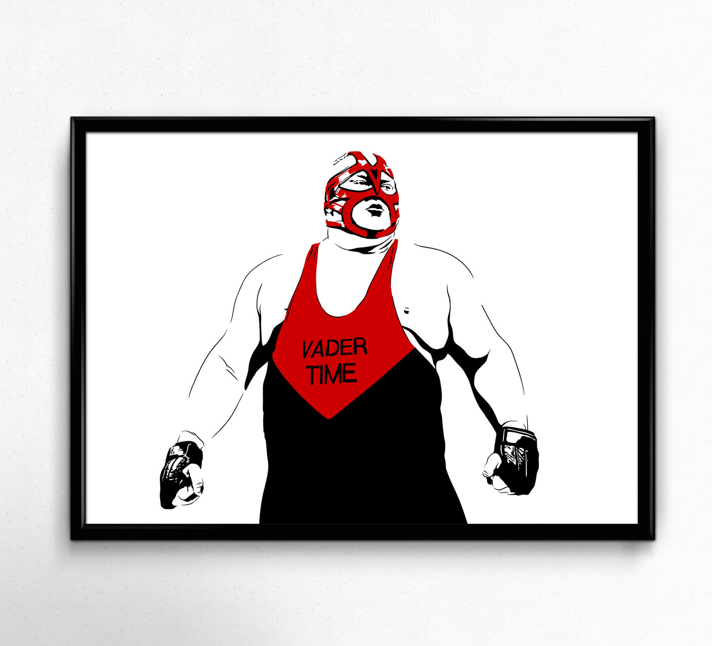 digital minimalist stencil illustration of professional wrestler big van vader wearing his leather mask and black and red leotard that says vader time, framed art print