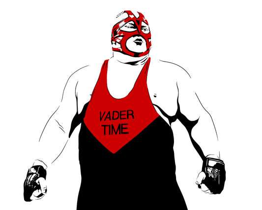 digital minimalist stencil illustration of professional wrestler big van vader wearing his leather mask and black and red leotard that says vader time