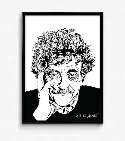 digital minimalist stencil illustration of a portrait of american author kurt vonnegut smirking at the viewer with his hand cradling his cheek, framed art print