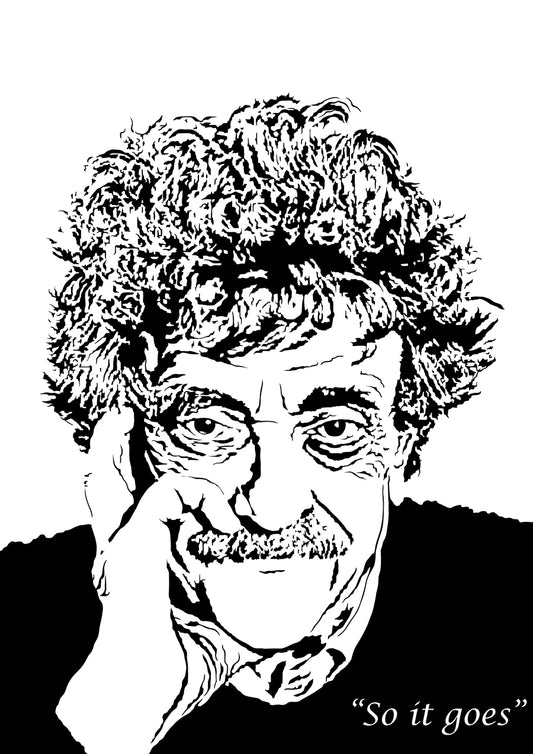 digital minimalist stencil illustration of a portrait of american author kurt vonnegut smirking at the viewer with his hand cradling his cheek