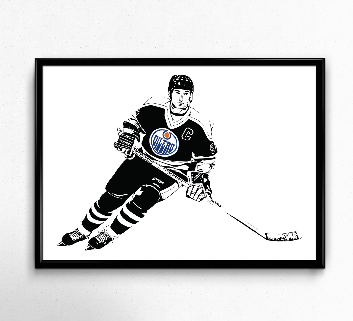 digital minimalist stencil illustration of edmonton oilers player wayne gretzky skating in stride, framed art print