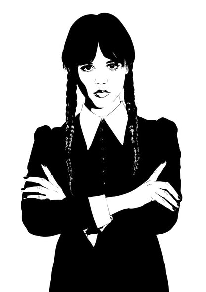 black and white digital illustration of jennifer ortega playing Wednesday Addams from her television series, pigtails and arms crossed wearing a black dress