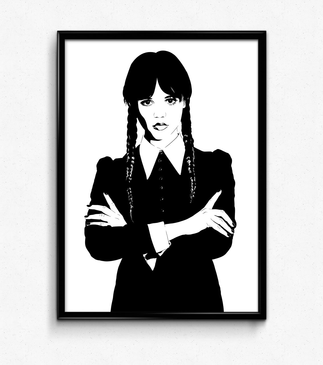 black and white digital illustration of jennifer ortega playing Wednesday Addams from her television series, pigtails and arms crossed wearing a black dress, framed art print