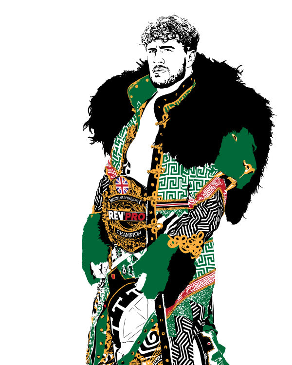 digital minimalist stencil illustration of professional wrestler will ospreay wearing his extravagant lion robe with the RevPro championship belt around his waist