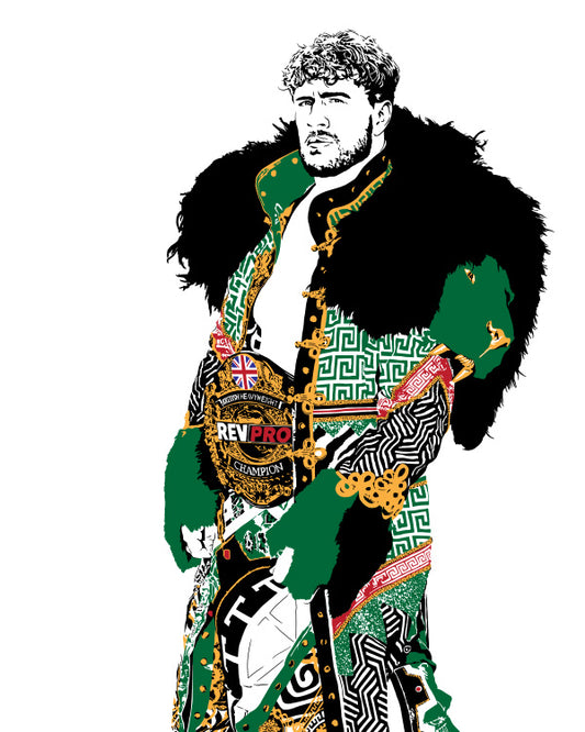 digital minimalist stencil illustration of professional wrestler will ospreay wearing his extravagant lion robe with the RevPro championship belt around his waist