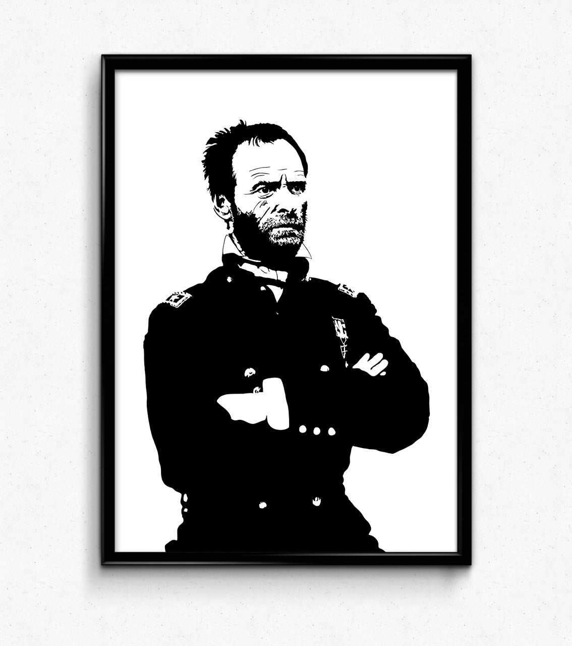 digital minimalist stencil illustration of major general william tecumseh sherman wearing his union army uniform with his arms crossed, framed art print