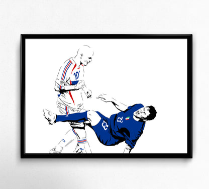 illustration of zinedine zidane headbutting marco materazzi during the 2016 world cup finals between team france and team italy framed print
