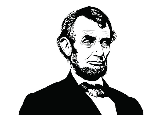 Black and white portrait of President Abraham Lincoln, depicted in a minimalist style. This illustration captures Lincoln's unmistakable profile and is available as a high-quality art print