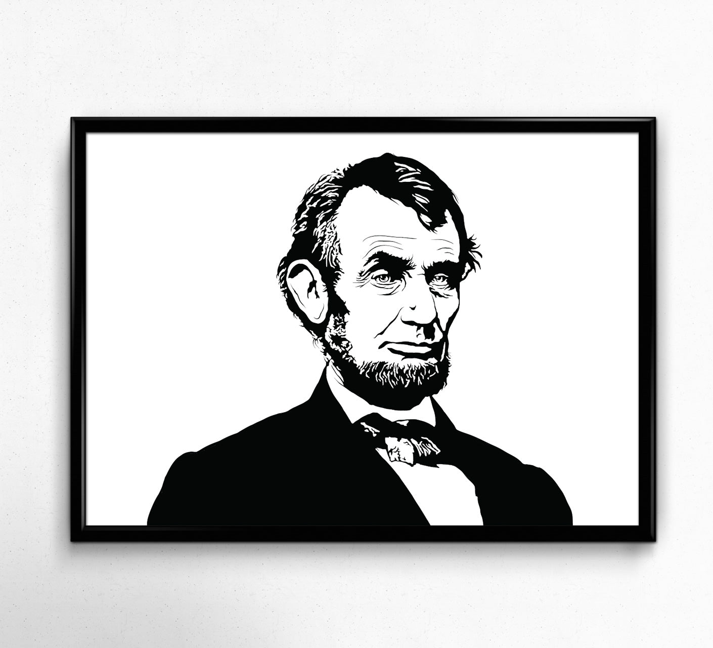 Black and white portrait of President Abraham Lincoln, depicted in a minimalist style. This illustration captures Lincoln's unmistakable profile and is available as a high-quality framed art print