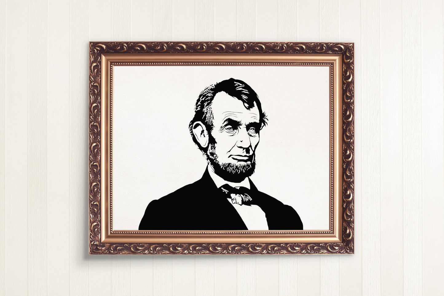 Black and white portrait of President Abraham Lincoln, depicted in a minimalist style. This illustration captures Lincoln's unmistakable profile and is available as a high-quality gold framed art print