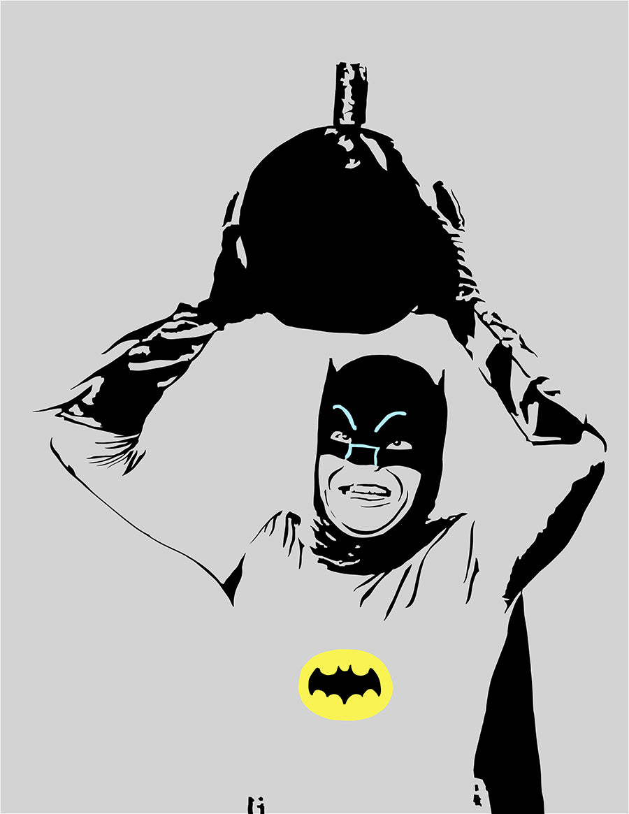 digital minimalist stencil illustration of the 1960s television version of batman played by adam west carrying a cartoon bomb overhead with a stern look on his face, he is wearing his bat cowl and tight leotard and cape, the illustration's lineart is black and the background is grey which also blurs into his suit, the batman logo on his chest is gold