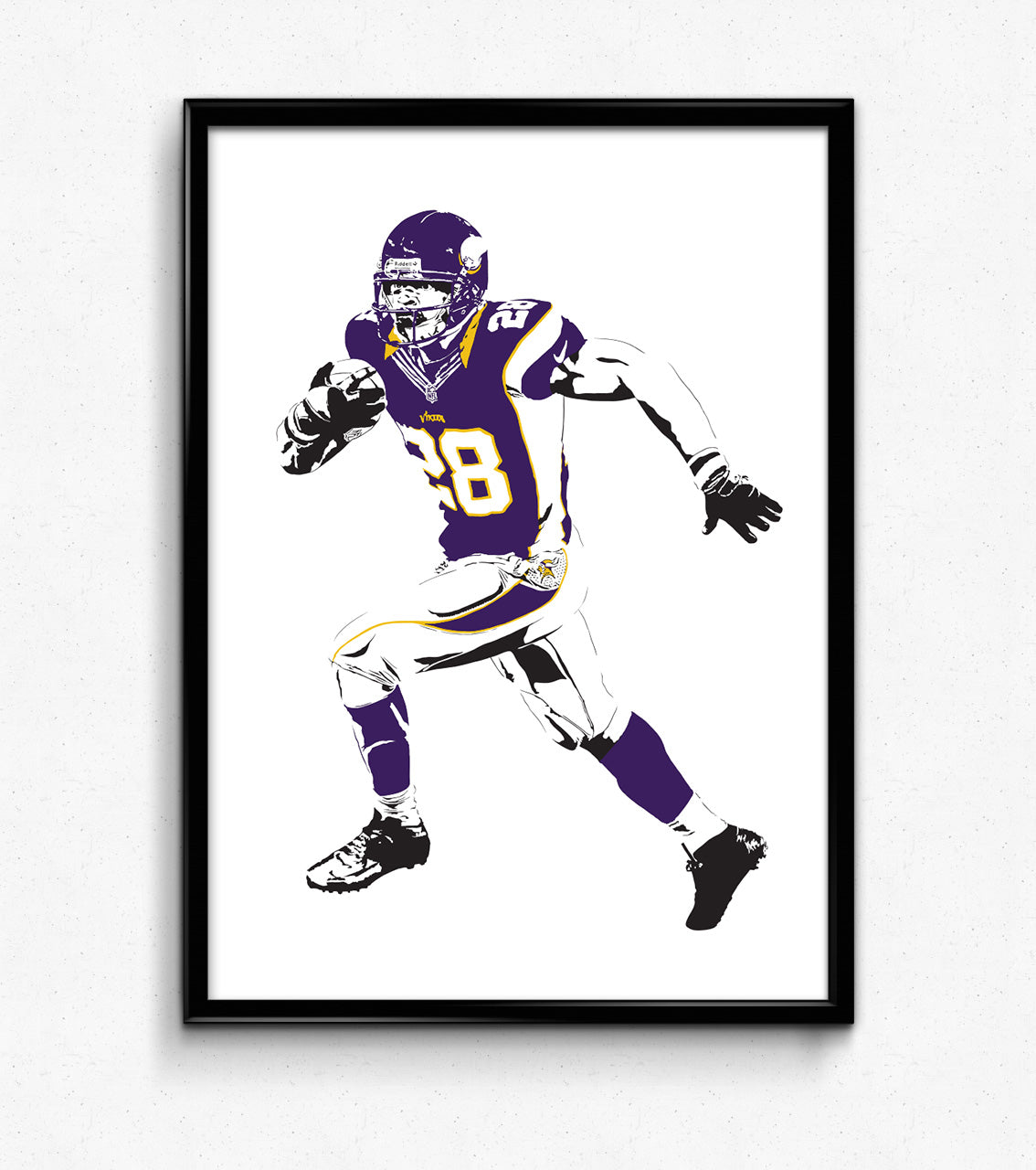 color framed illustration of Adrian Peterson, legendary running back for the Minnesota Vikings. The minimalist style captures Peterson's powerful running stance and intense expression in striking detail. He is dressed in his Vikings uniform and his number 28 is prominently displayed on his jersey