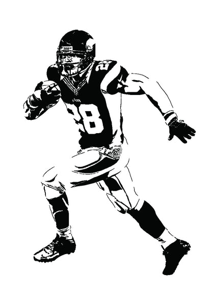 black and white illustration of Adrian Peterson, legendary running back for the Minnesota Vikings. The minimalist style captures Peterson's powerful running stance and intense expression in striking detail. He is dressed in his Vikings uniform and his number 28 is prominently displayed on his jersey