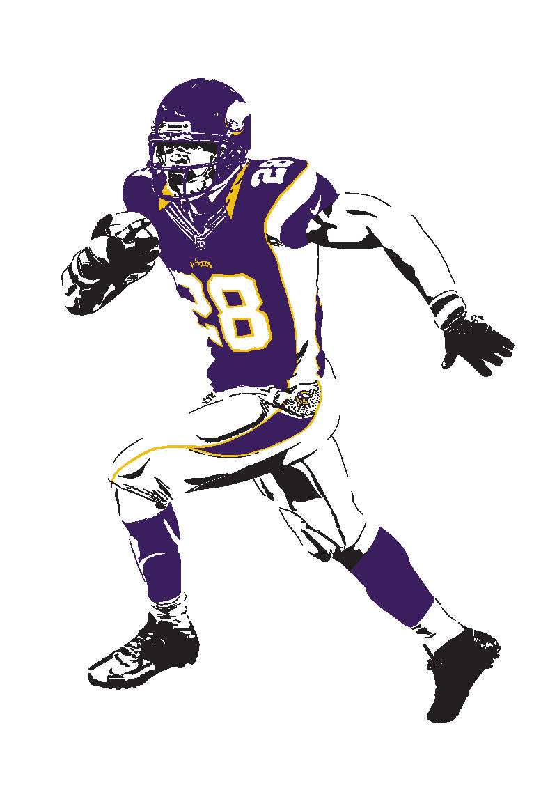 color illustration of Adrian Peterson, legendary running back for the Minnesota Vikings. The minimalist style captures Peterson's powerful running stance and intense expression in striking detail. He is dressed in his Vikings uniform and his number 28 is prominently displayed on his jersey