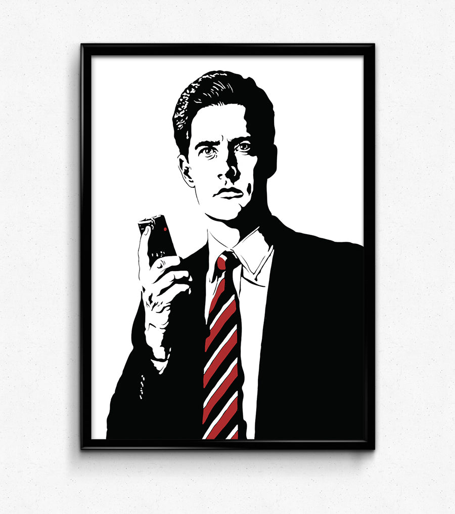 framed art print of agent dale cooper from twin peaks played by kyle maclachlan holding a tape recorder