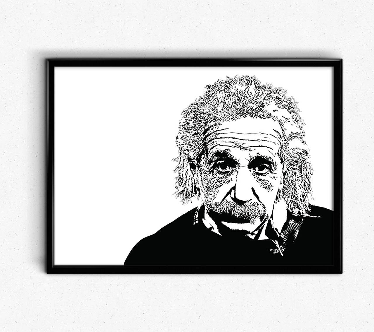 framed Black and white portrait illustration of Albert Einstein, the renowned physicist and Nobel Prize laureate. The portrait showcases his unmistakable visage with striking details and expressive lines. The image is minimalist with no background, placing the focus on the subject's face and capturing the essence of Einstein's genius.